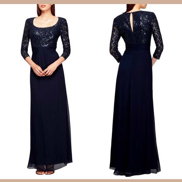 NWD Kay Unger Sequin Lace &‎ Silk Chiffon Gown Navy - Picture 1 of 12